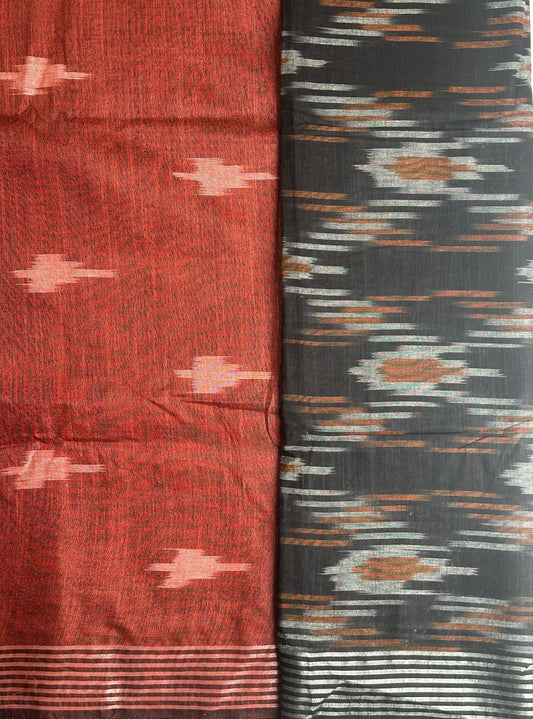 Black and Red Traditional Ikat Cotton Saree Pallu