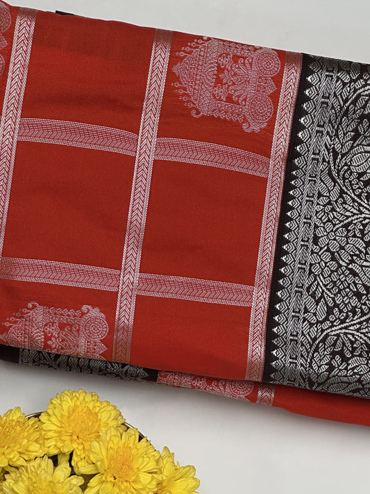 Crimson Royale Semi-Silk Saree with Silver Zari and Ebony Border Design