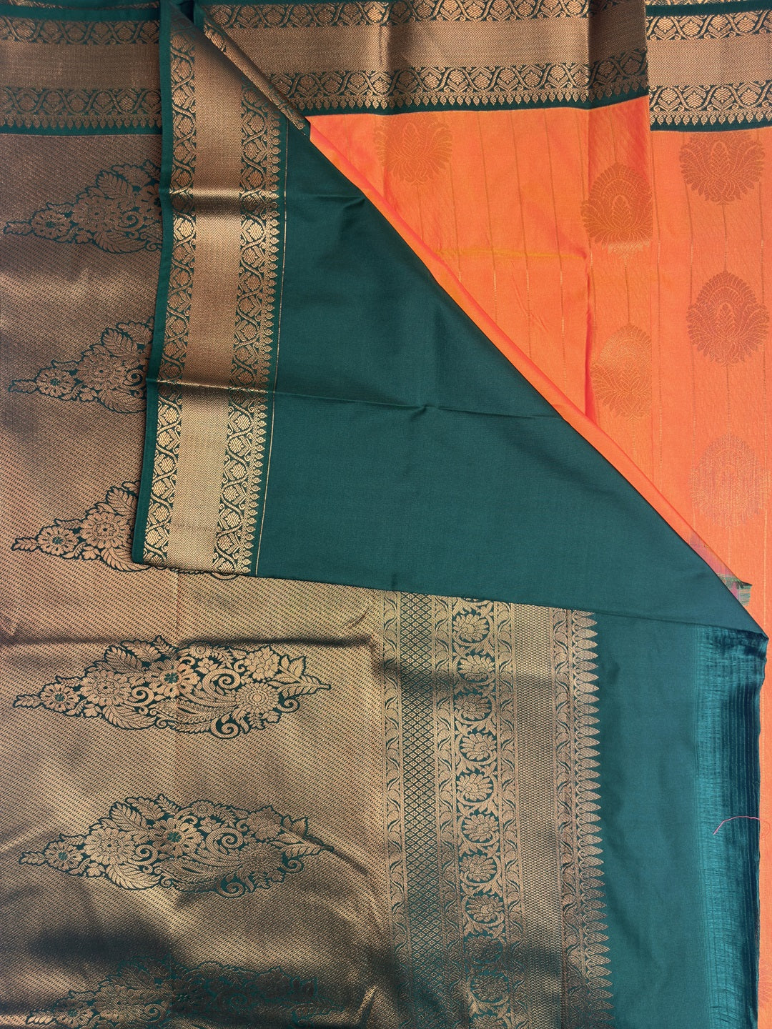 Elegant Orange Striped Semi-Silk Saree with Green Border and Copper Zari Work pallu