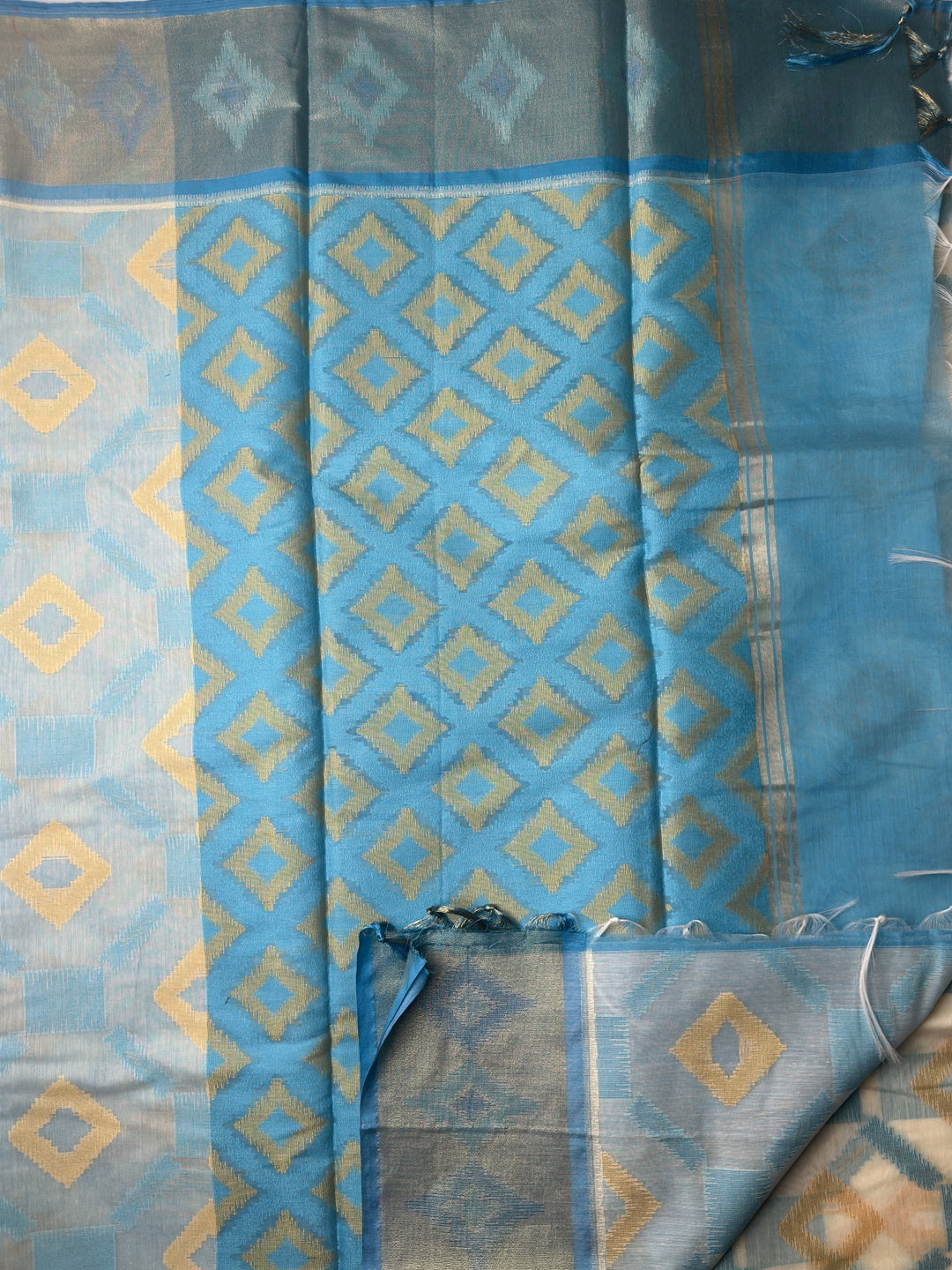 Ocean Blue Pochampally Linen Saree designed Border pallu