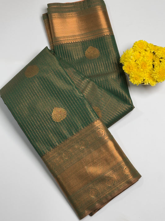 Palm Leaf Green Kanjivaram Semi Silk Saree with Rich Copper Zari Border Design