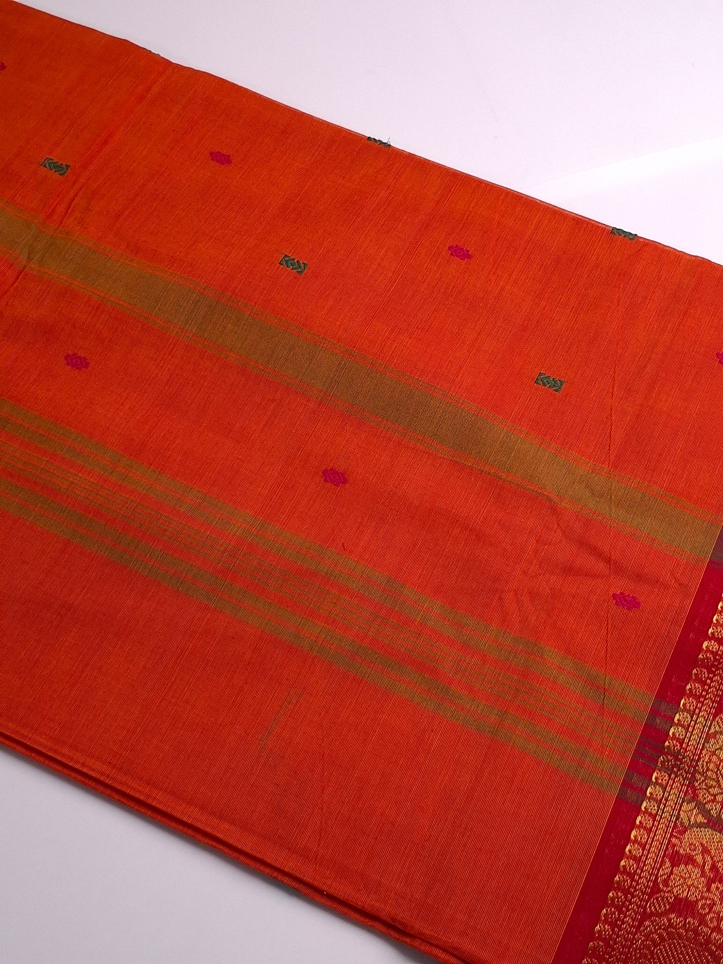 Pure Kanchi Dark Orange Cotton Saree with Peacock and Elephant Zari Border Design