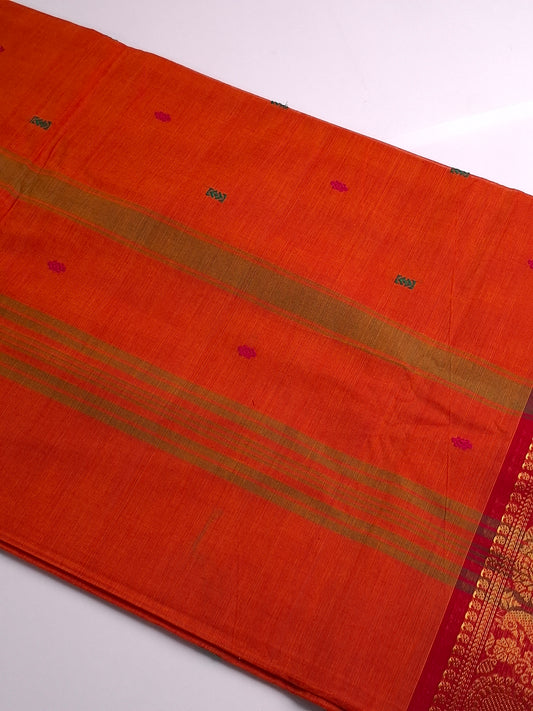 Pure Kanchi Dark Orange Cotton Saree with Peacock and Elephant Zari Border Design