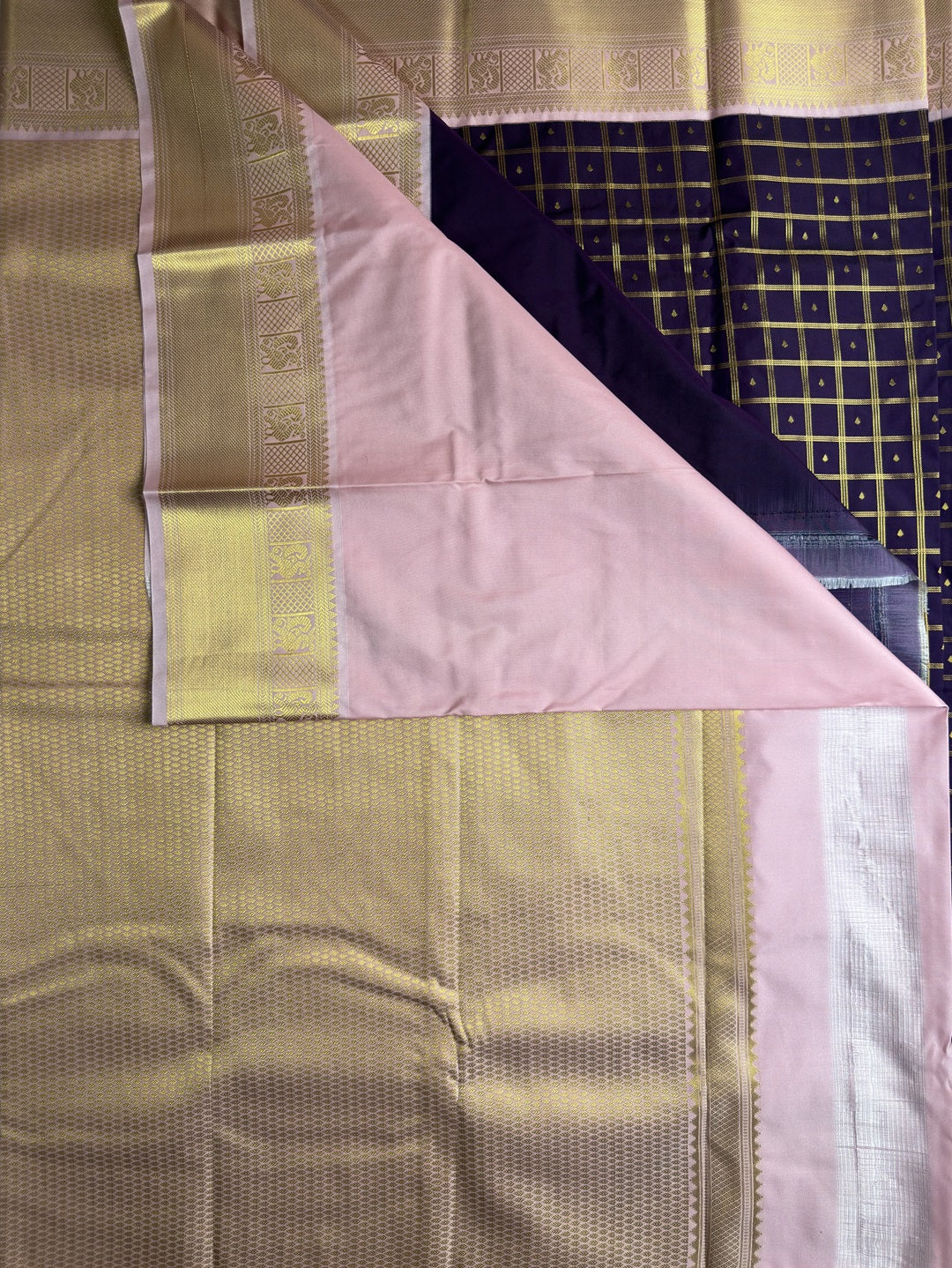 Regal Purple Checked Semi-Silk Saree with Baby Pink Border and Gold Zari Border Pallu