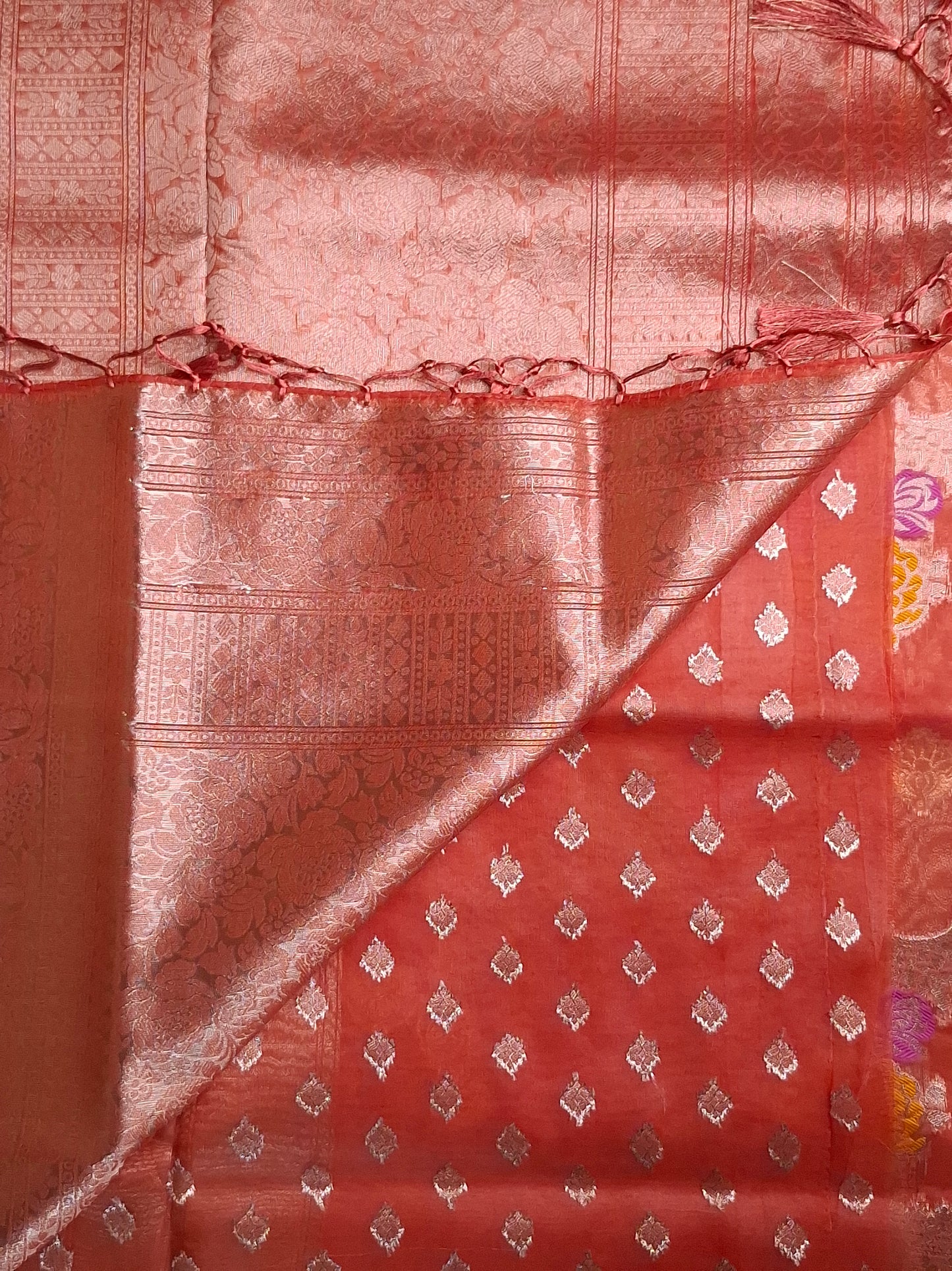Saffron Red Banaras Tissue Saree with Copper Zari Borderd Design Saree Pallu