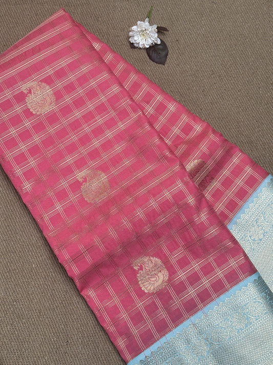Strawberry Pink Checked Semi-Silk Saree with Gold Zari and Sky Blue Border Design