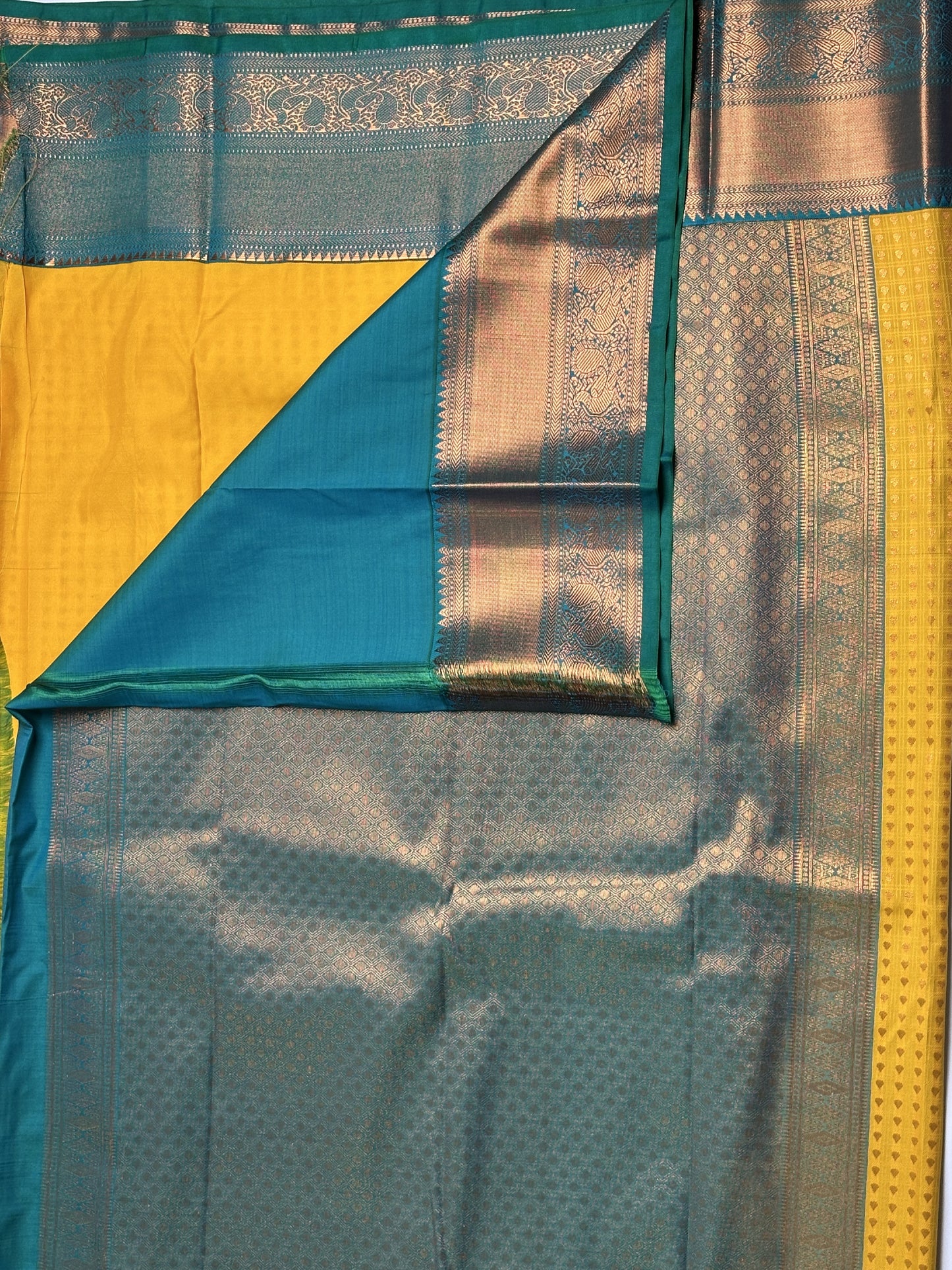Thousand Butta Yellow Semi Kanchi Semi Silk Saree with Green Copper Zari Border