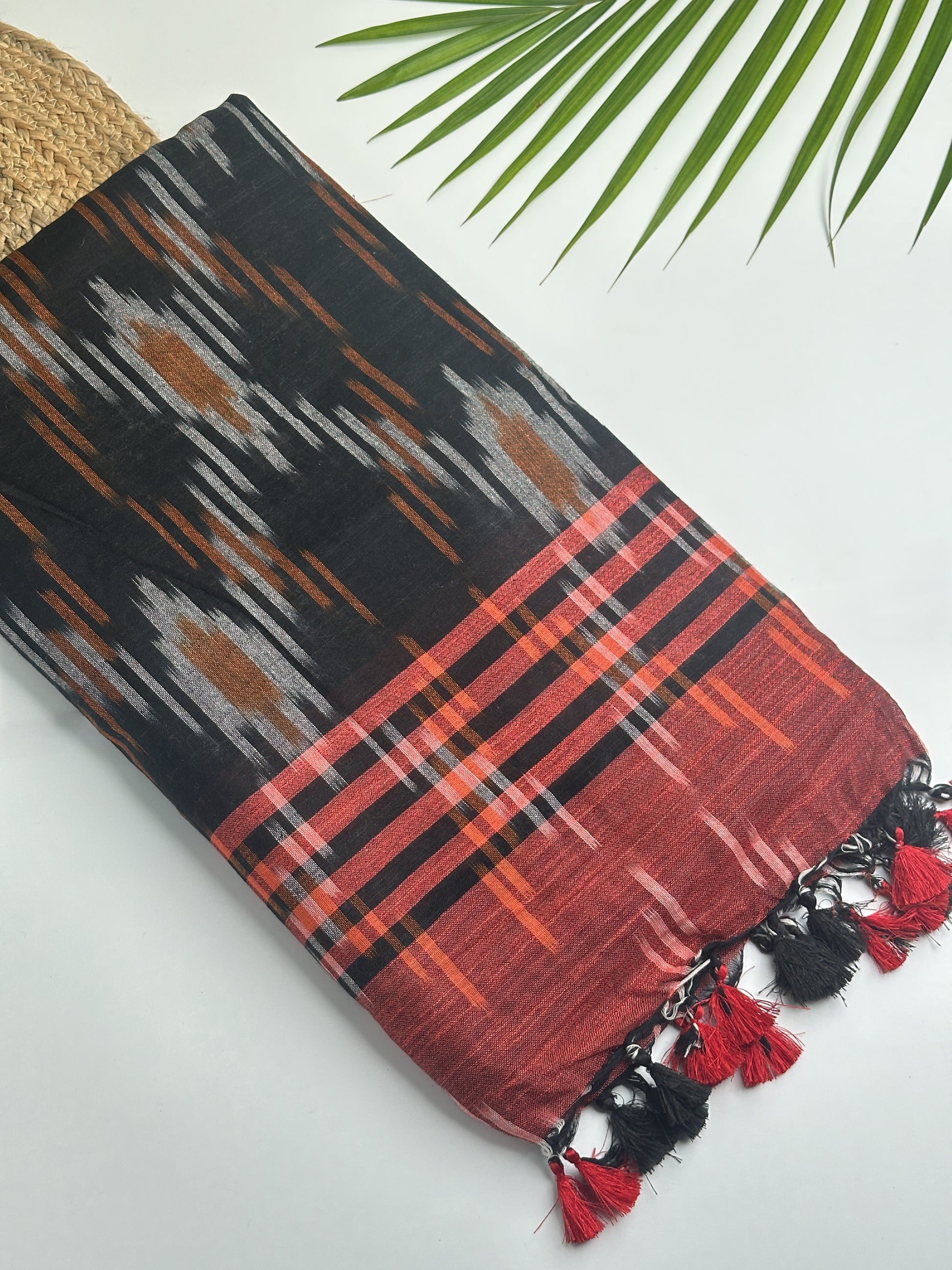 Black and Red Traditional Ikat Cotton Saree