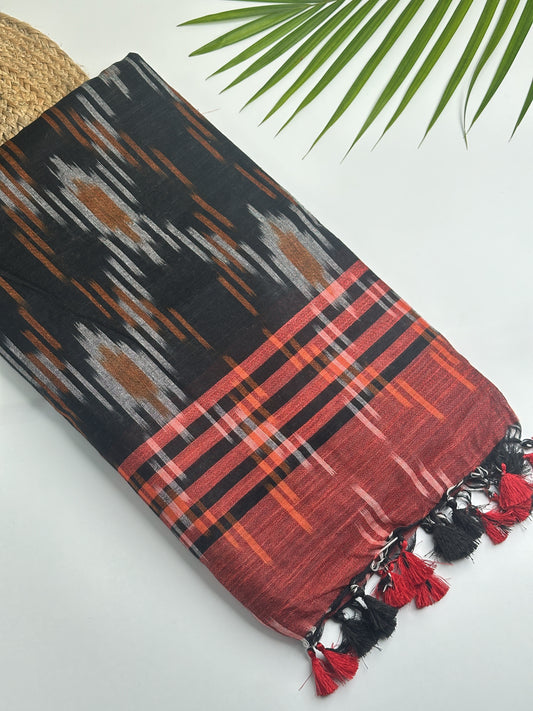 Black and Red Traditional Ikat Cotton Saree