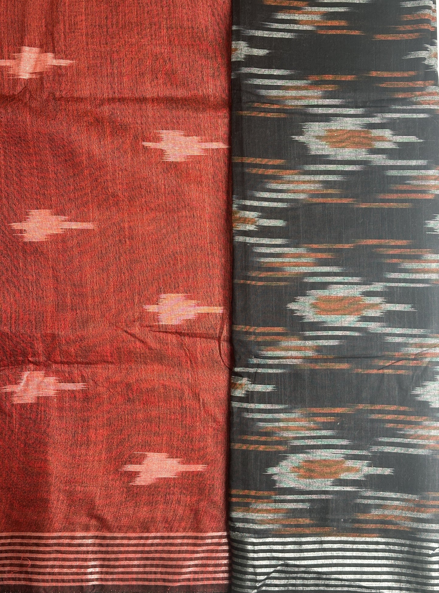 Black and Red Traditional Ikat Cotton Saree Pallu