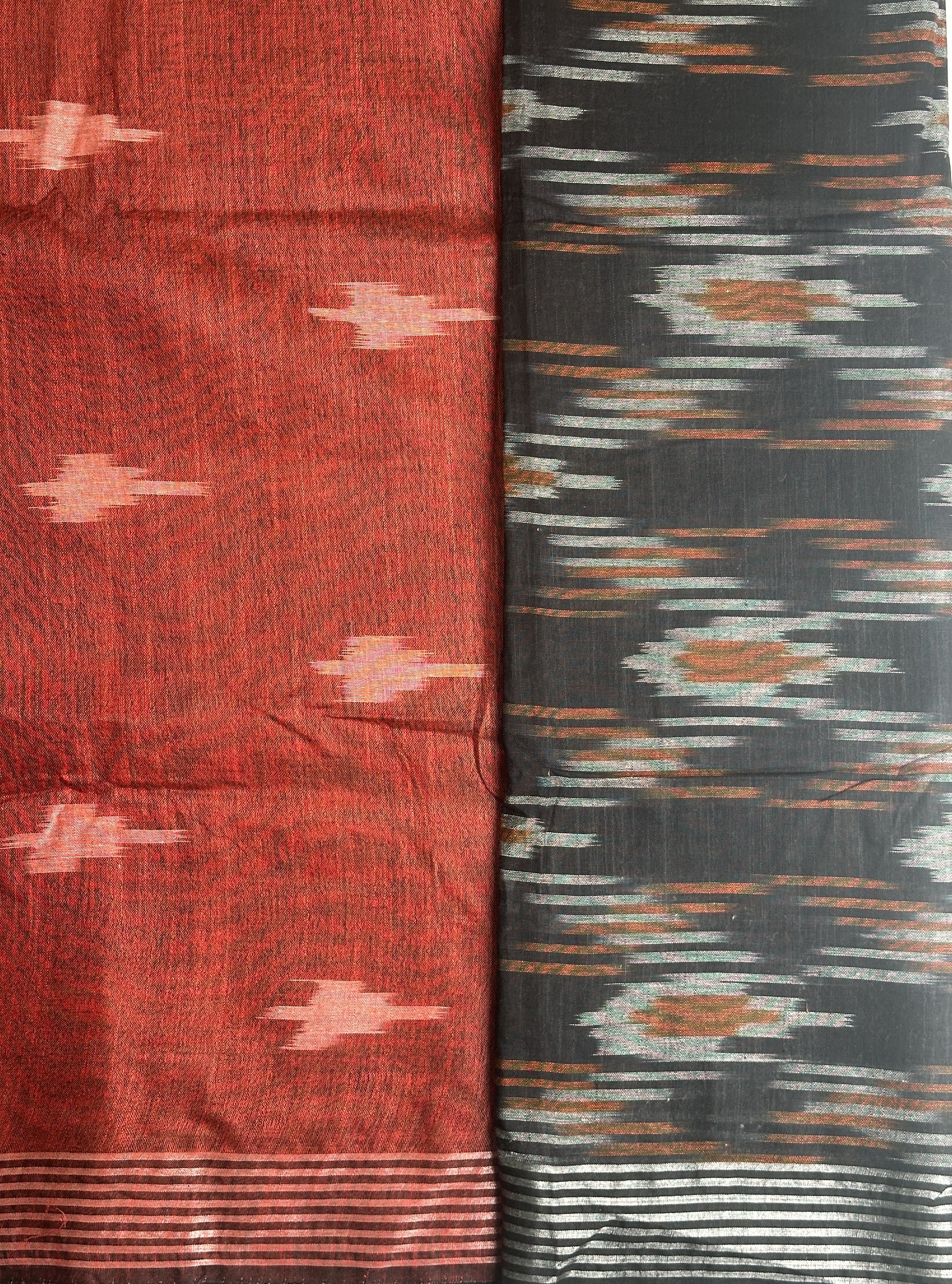 Black and Red Traditional Ikat Cotton Saree Pallu