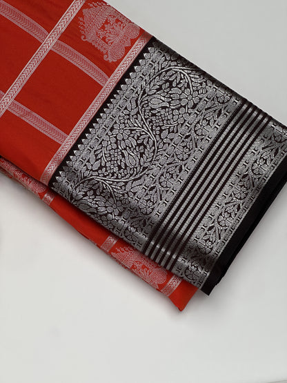 Crimson Royale Semi-Silk Saree with Silver Zari and Ebony Border