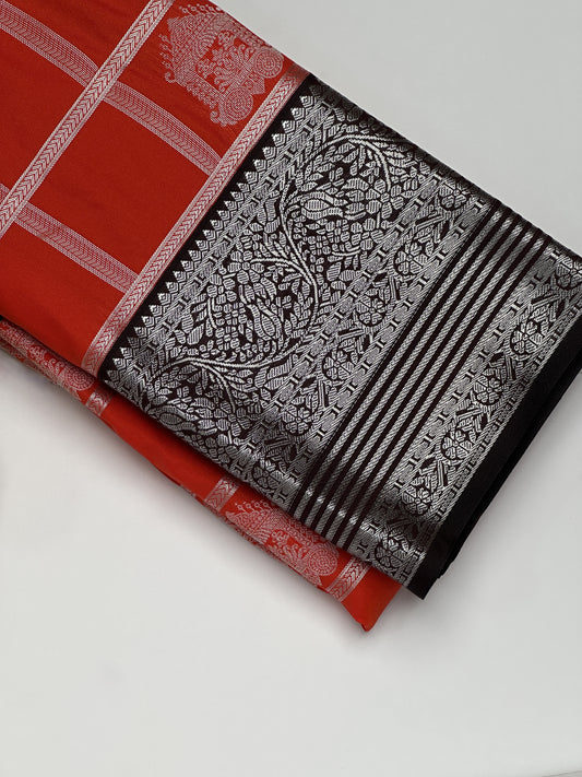 Crimson Royale Semi-Silk Saree with Silver Zari and Ebony Border
