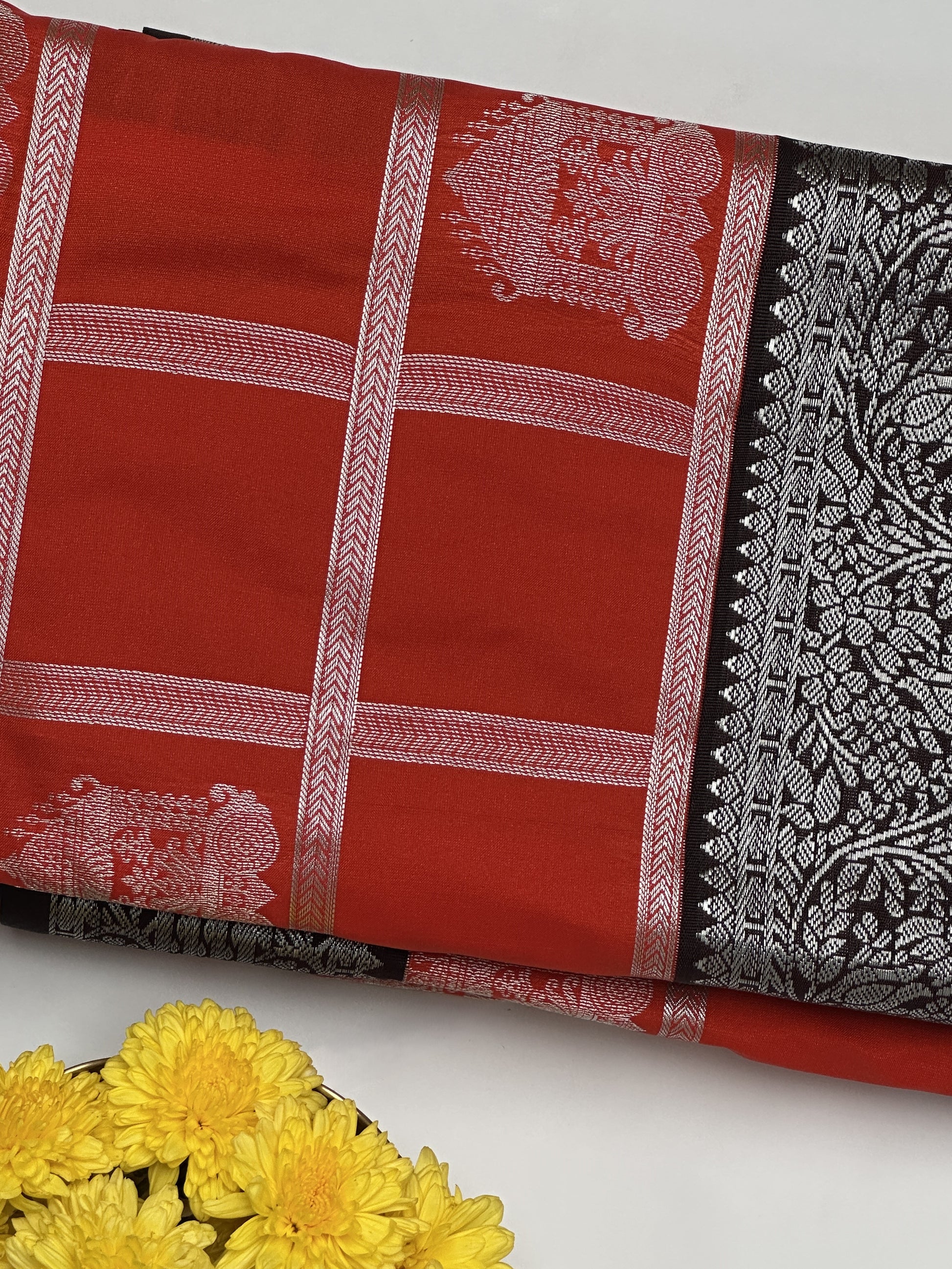 Crimson Royale Semi-Silk Saree with Silver Zari and Ebony Border Design