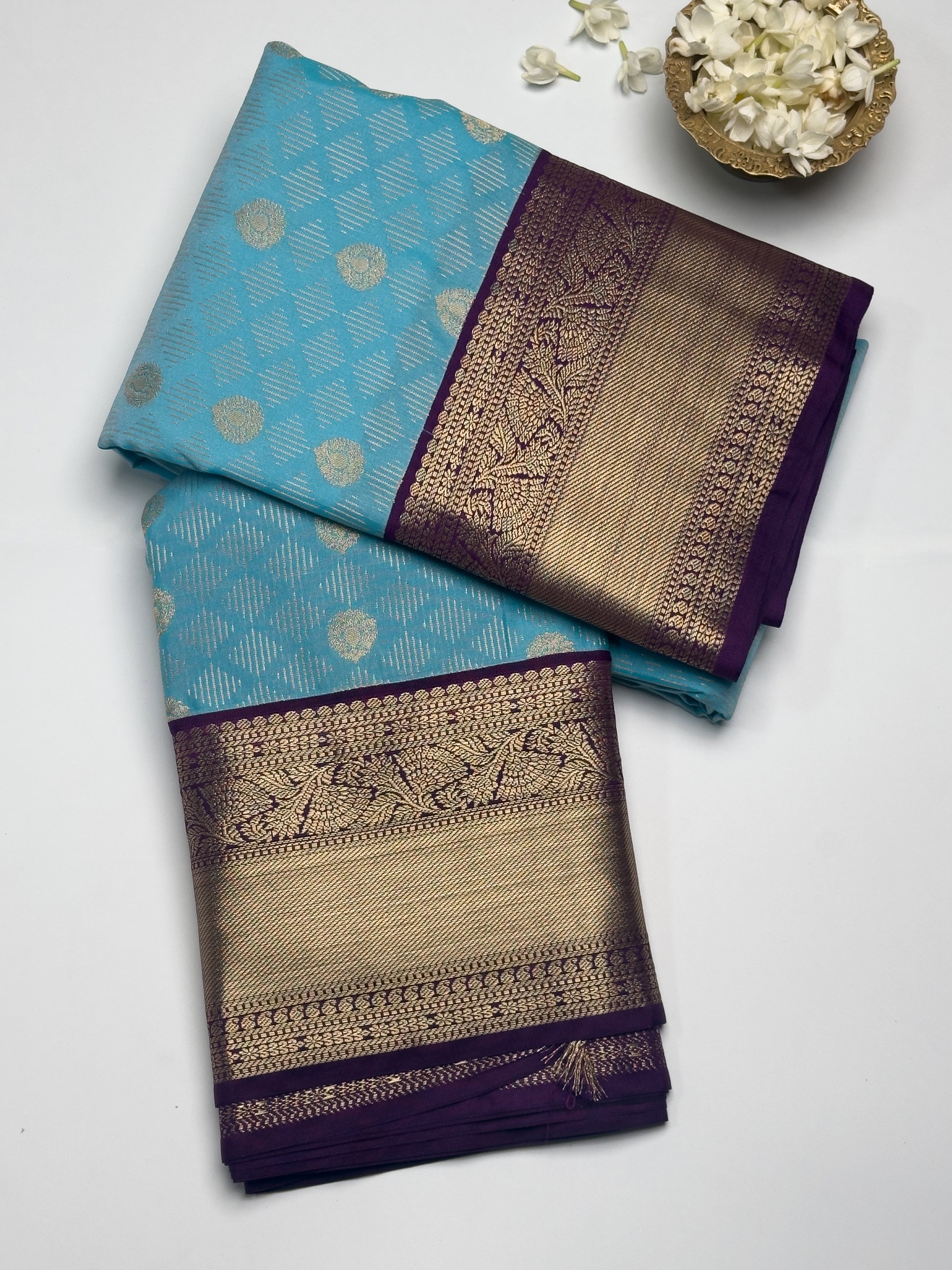 Elegant Blue Kanjivaram Semi Silk Saree with Purple Border and Gold Zari Border Design