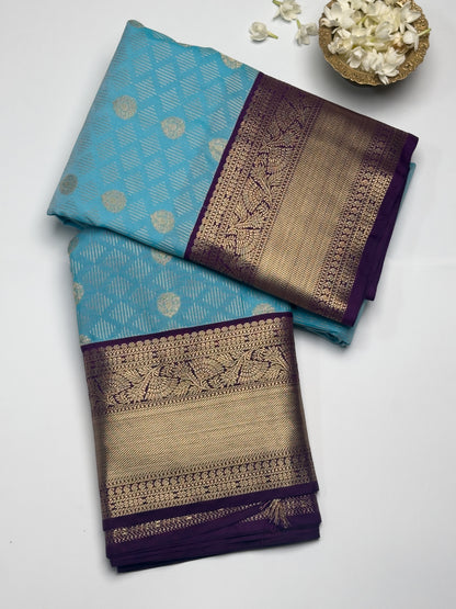 Elegant Blue Kanjivaram Semi Silk Saree with Purple Border and Gold Zari Border Design