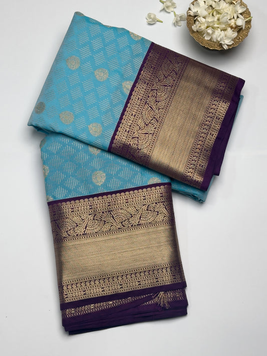 Elegant Blue Kanjivaram Semi Silk Saree with Purple Border and Gold Zari Border Design