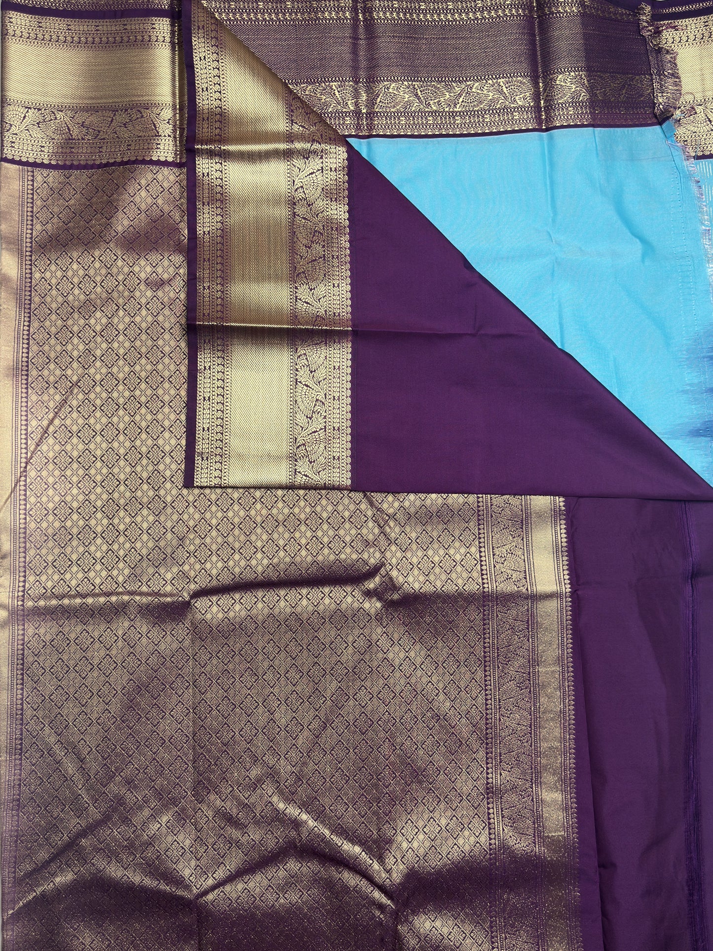 Elegant Blue Kanjivaram Semi Silk Saree with Purple Border and Gold Zari Border Pallu