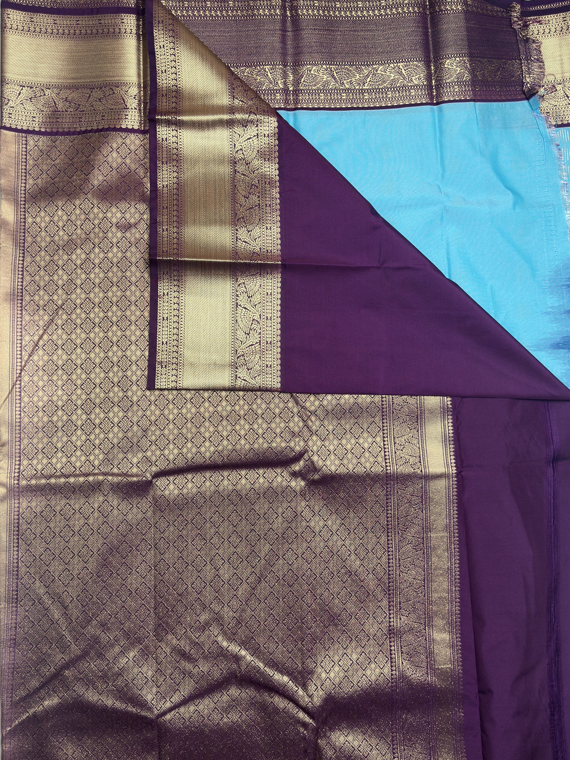 Elegant Blue Kanjivaram Semi Silk Saree with Purple Border and Gold Zari Border Pallu