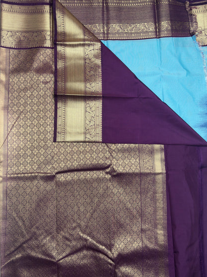 Elegant Blue Kanjivaram Semi Silk Saree with Purple Border and Gold Zari Border Pallu