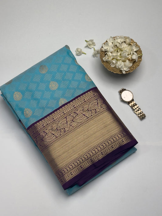 Elegant Blue Kanjivaram Semi Silk Saree with Purple Border and Gold Zari Border saree