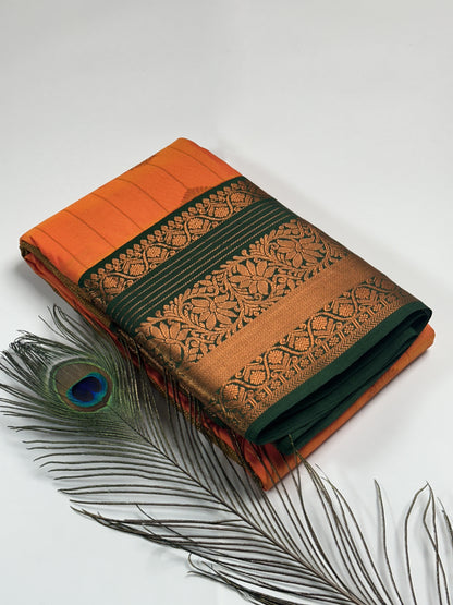 Elegant Orange Striped Semi-Silk Saree with Green Border and Copper Zari Work