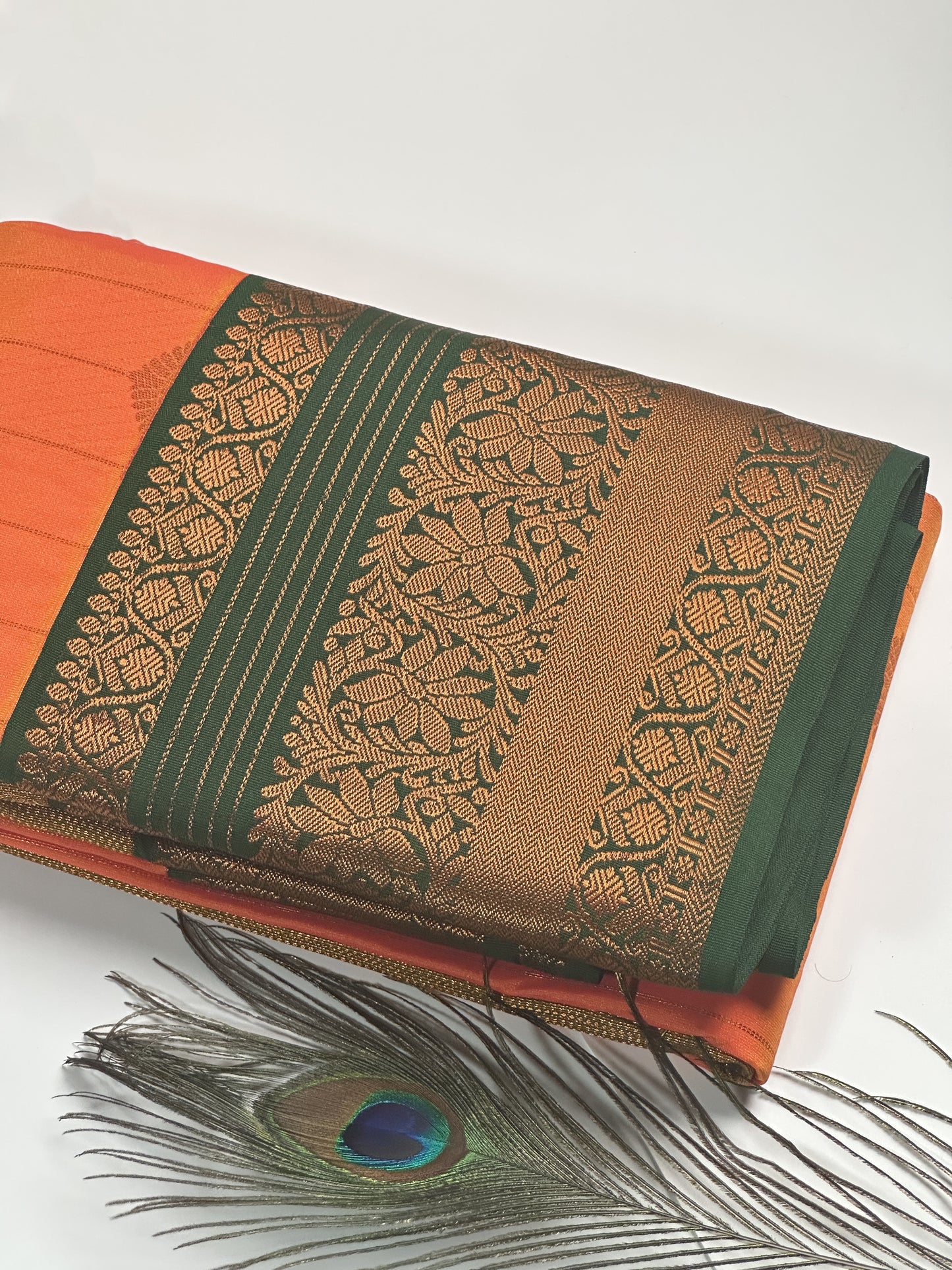 Elegant Orange Striped Semi-Silk Saree with Green Border and Copper Zari Work Border