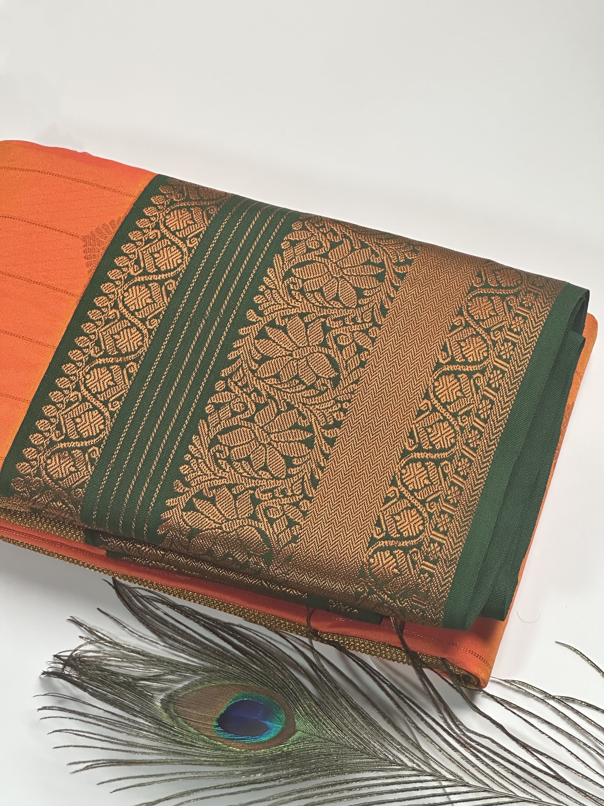 Elegant Orange Striped Semi-Silk Saree with Green Border and Copper Zari Work Border
