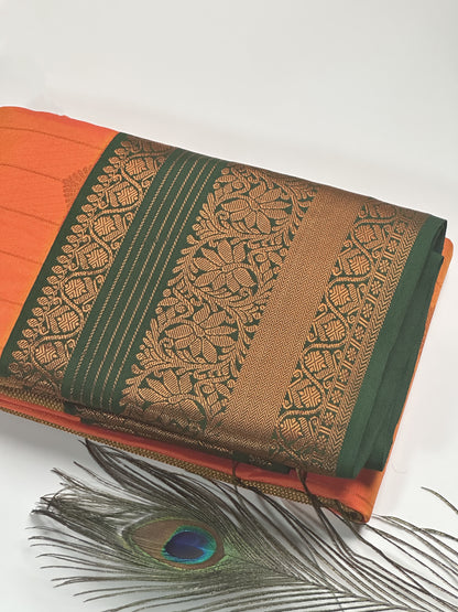Elegant Orange Striped Semi-Silk Saree with Green Border and Copper Zari Work Border