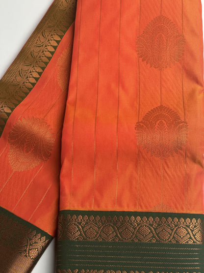 Elegant Orange Striped Semi-Silk Saree with Green Border and Copper Zari Work Design