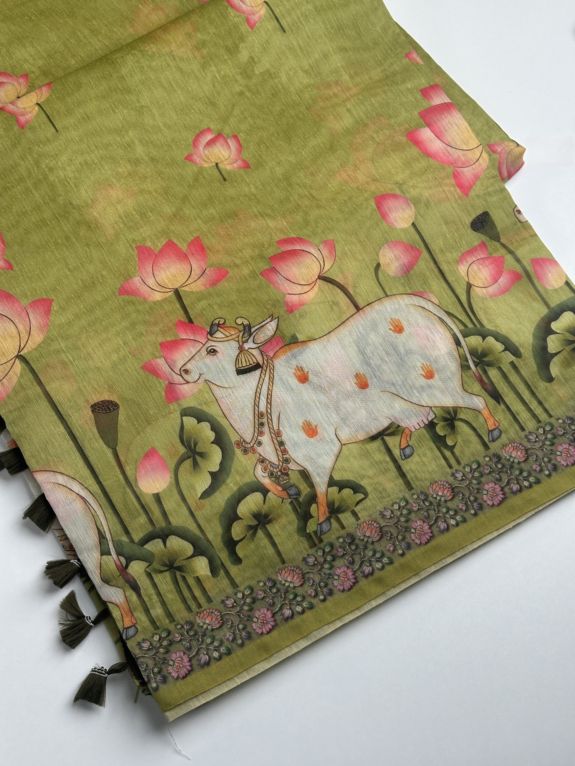 Green Printed Cotton Saree with Lotus and Cow Motif Design