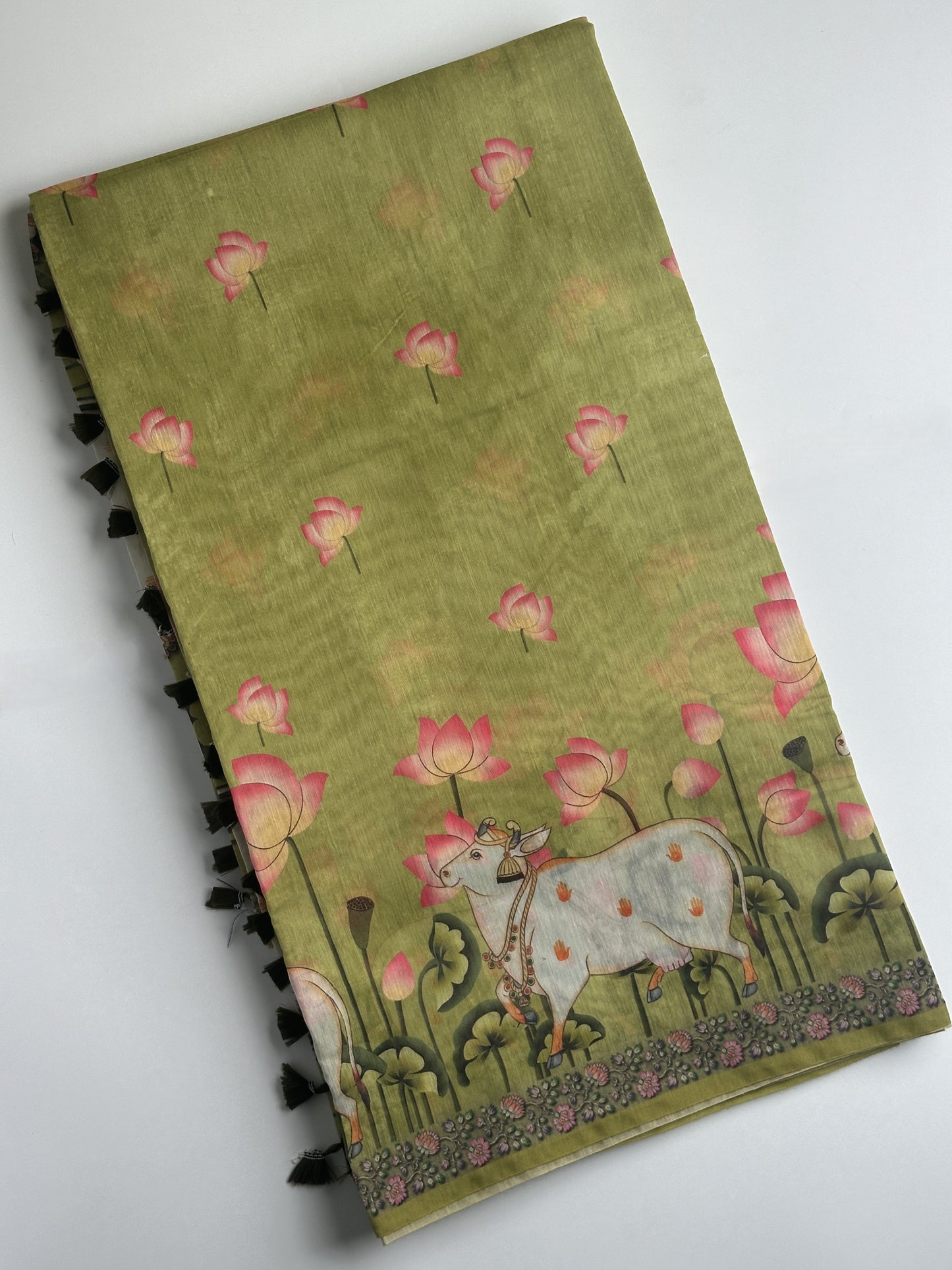 Green Printed Cotton Saree with Lotus and Cow Motif Design saree