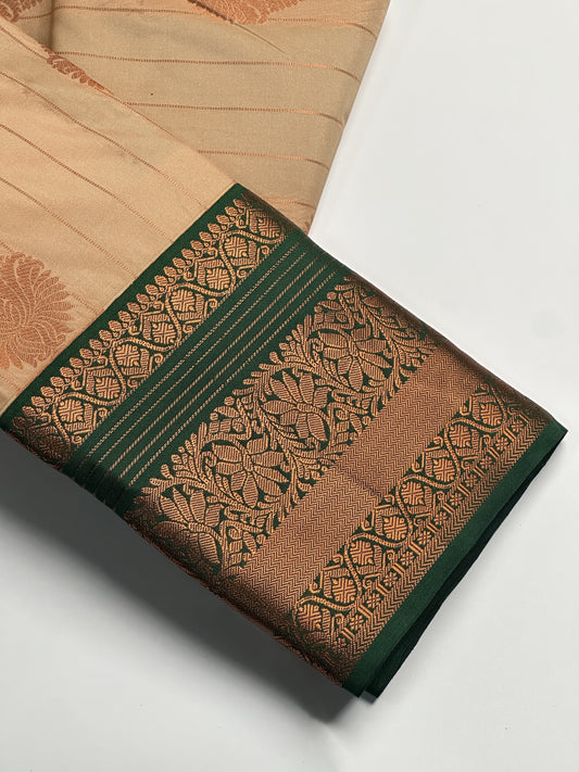 Light Caramel Semi-Silk Saree with Dark Green Border & Copper Zari Floral Design Border