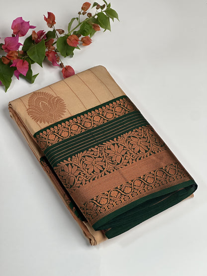 Light Caramel Semi-Silk Saree with Dark Green Border & Copper Zari Floral Design Saree