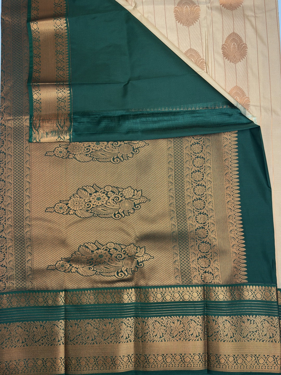 Light Caramel Semi-Silk Saree with Dark Green Border & Copper Zari Floral Design Saree pallu