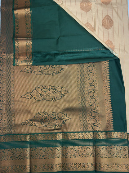 Light Caramel Semi-Silk Saree with Dark Green Border & Copper Zari Floral Design Saree pallu