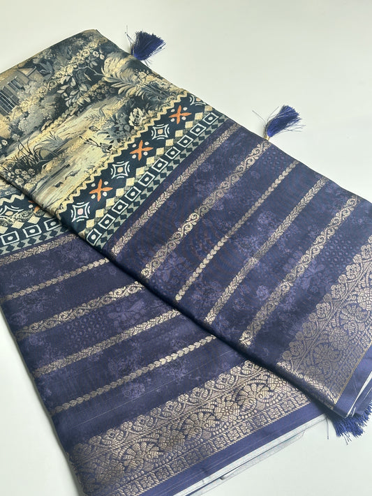 Medieval Blue Viscose Digital Printed Saree