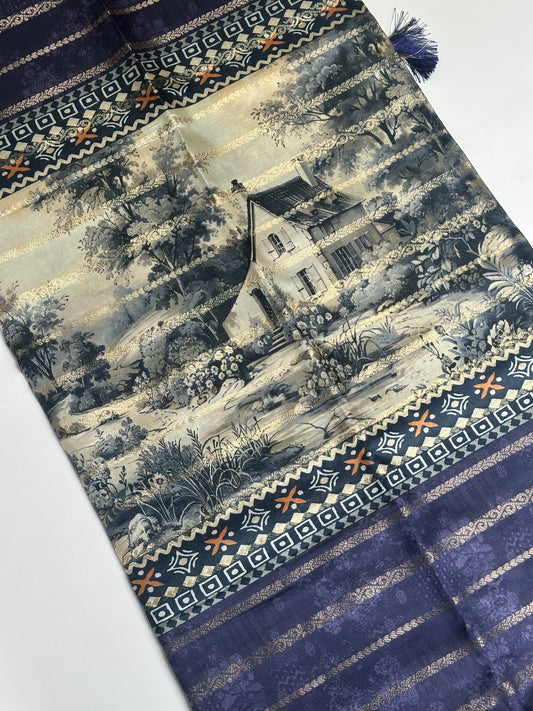 Medieval Blue Viscose Digital Printed Saree Designed