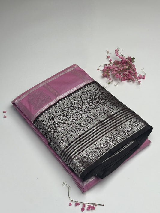 Moonrise Pink Semi-Silk Saree with Silver Zari and Chariot Design Border