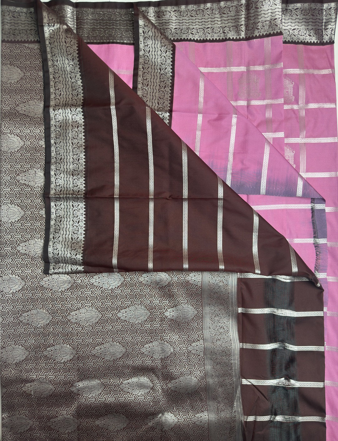Moonrise Pink Semi-Silk Saree with Silver Zari and Chariot Design Border pallu