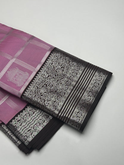 Moonrise Pink Semi-Silk Saree with Silver Zari and Chariot Design Borders