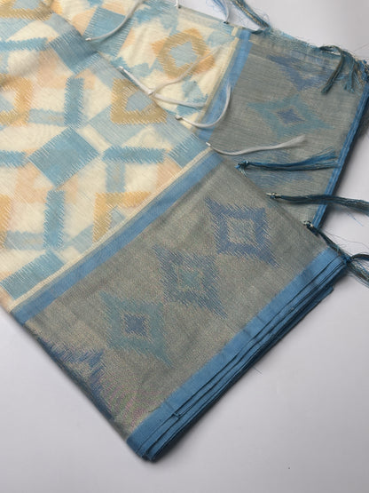 Ocean Blue Pochampally Linen Saree designed Border