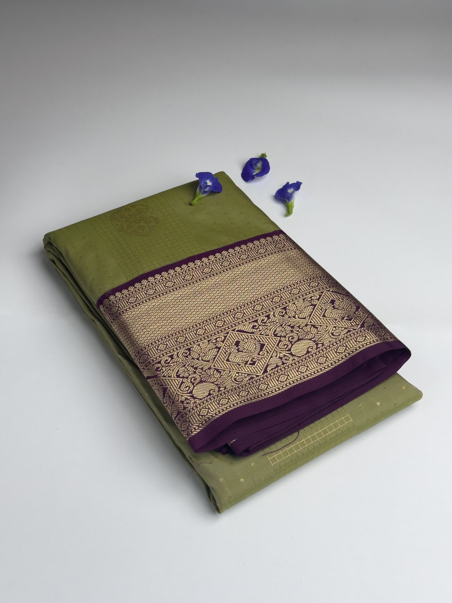 Olive Green Kanchipuram Semi Silk Saree with Purple and Gold Zari Border Saree