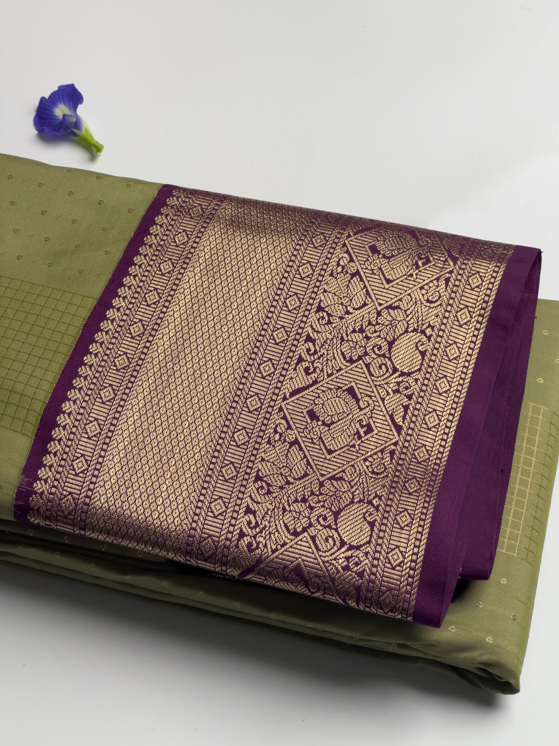 Olive Green Kanchipuram Semi Silk Saree with Purple and Gold Zari Designed Border 