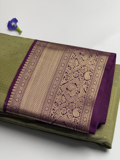 Olive Green Kanchipuram Semi Silk Saree with Purple and Gold Zari Designed Border 