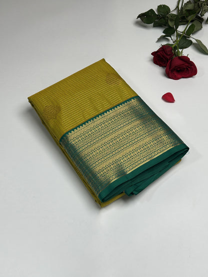 Olive Yellow Checked Semi-Silk Saree with Green Border and Gold Zari Work