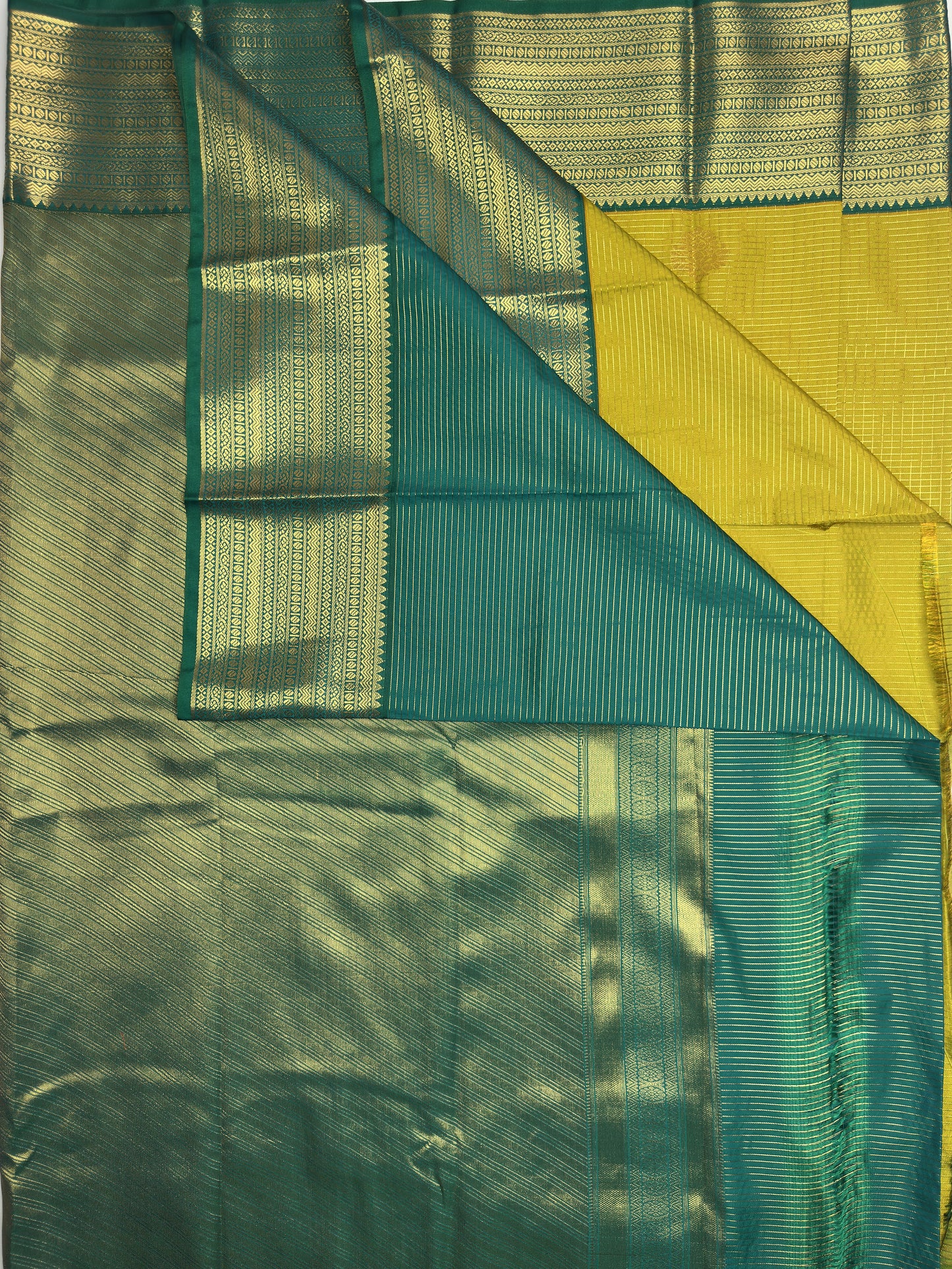 Olive Yellow Checked Semi-Silk Saree with Green Border and Gold Zari Work pallu