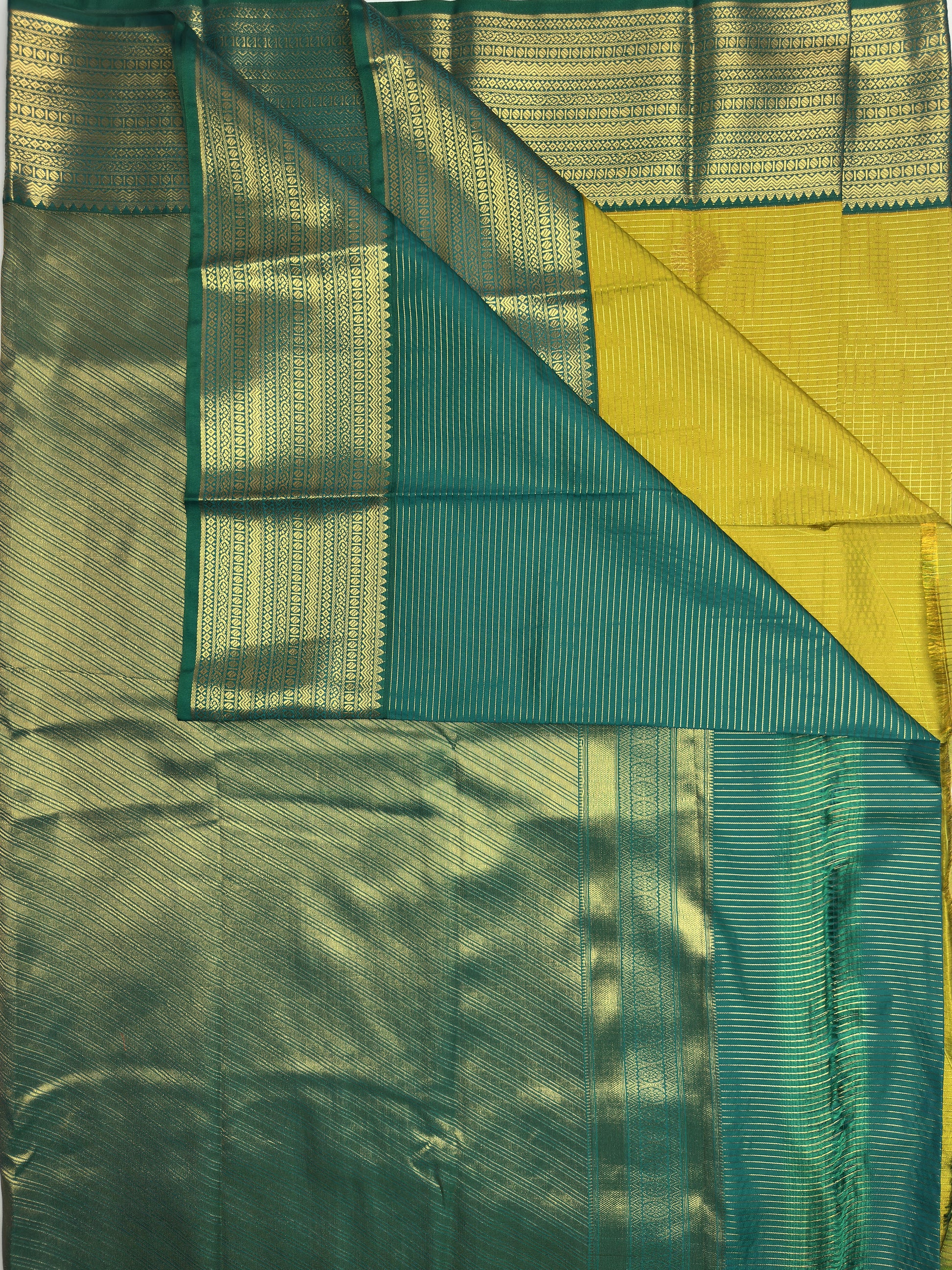 Olive Yellow Checked Semi-Silk Saree with Green Border and Gold Zari Work pallu