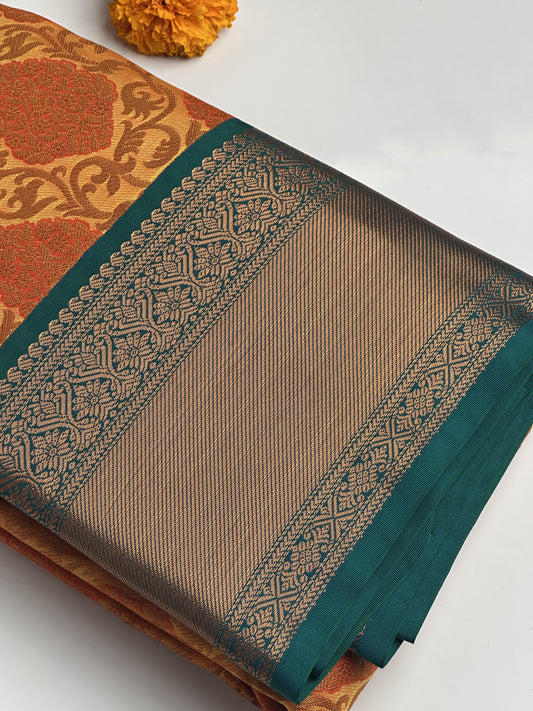 Orange Designed Semi-Silk Saree with Copper Zari and Blue Gradient Border