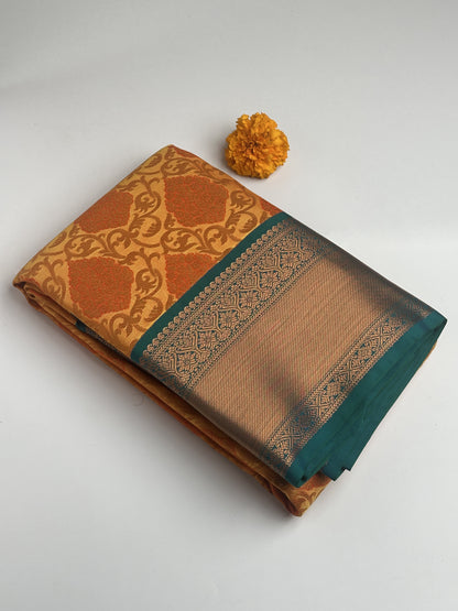 Orange Designed Semi-Silk Saree with Copper Zari and Blue Gradient Border saree
